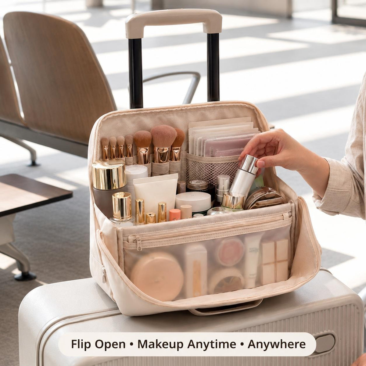 Waterproof Leather Makeup Bag – Clean Girl Travel Vanity Organizer with Luggage Strap