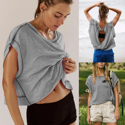 Women's Open Back Crop Top - Oversized Stretch Tee for Yoga & Street