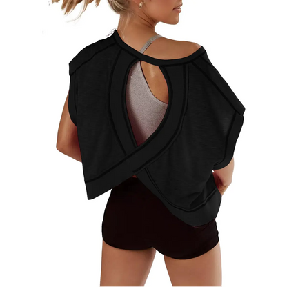 Women's Open Back Crop Top - Oversized Stretch Tee for Yoga & Street