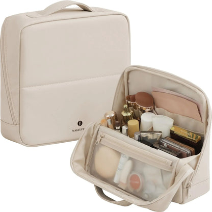 Waterproof Leather Makeup Bag – Clean Girl Travel Vanity Organizer with Luggage Strap