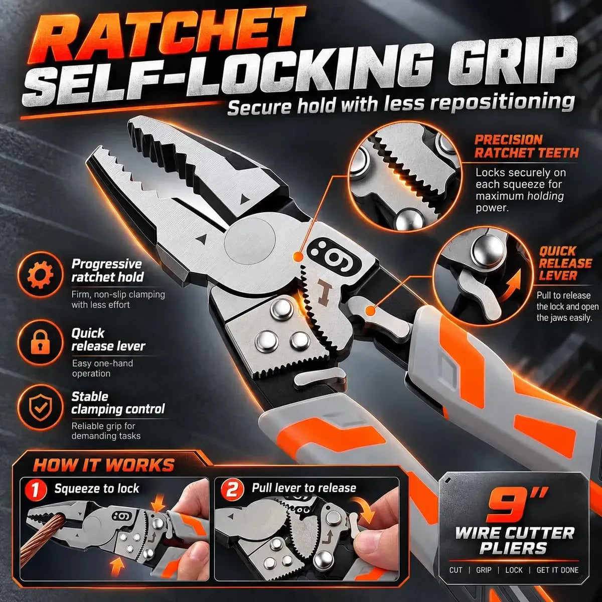9-Inch Self-Locking Ratchet Pliers – Heavy-Duty Wire Cutters