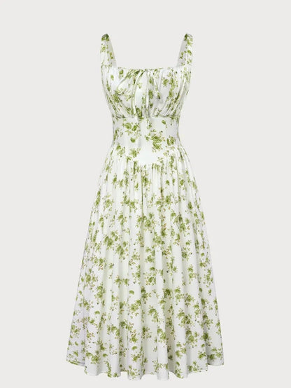 Women’s Floral Midi Corset Sundress – Summer Spring Vacation Milkmaid Style