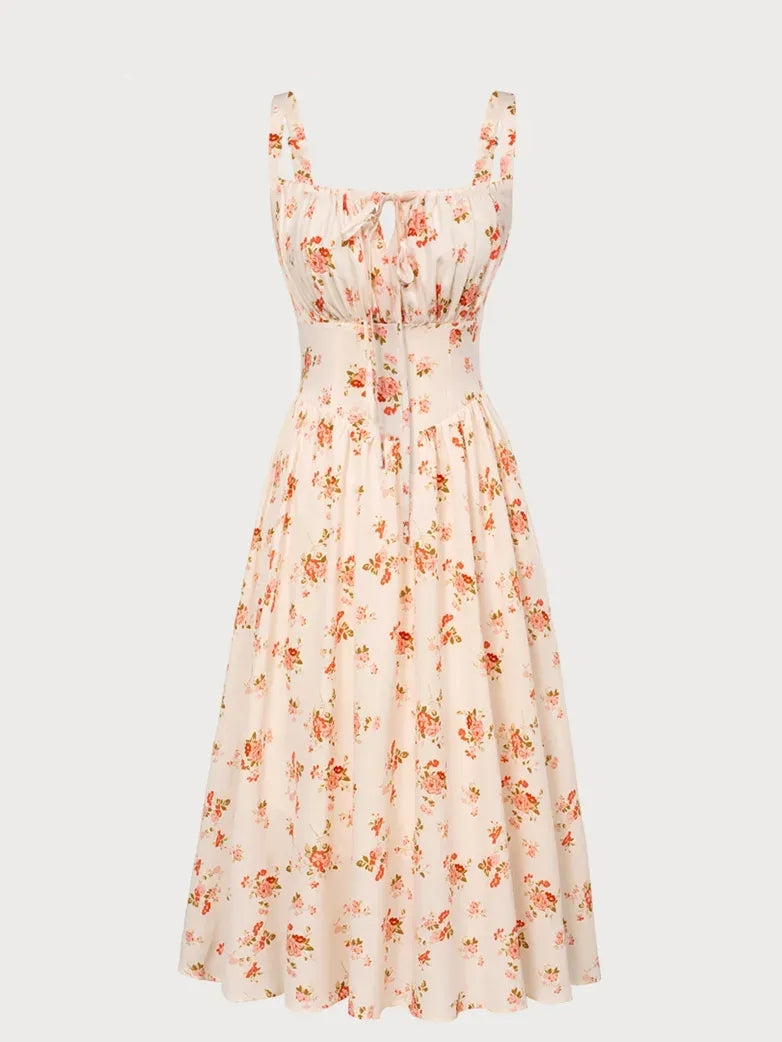 Women’s Floral Midi Corset Sundress – Summer Spring Vacation Milkmaid Style