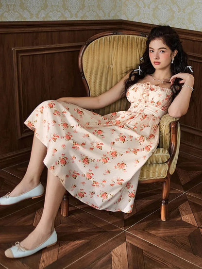 Women’s Floral Midi Corset Sundress – Summer Spring Vacation Milkmaid Style