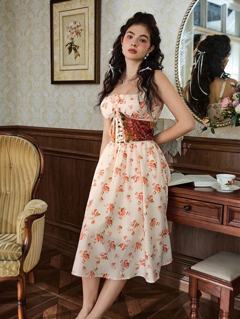 Women’s Floral Midi Corset Sundress – Summer Spring Vacation Milkmaid Style