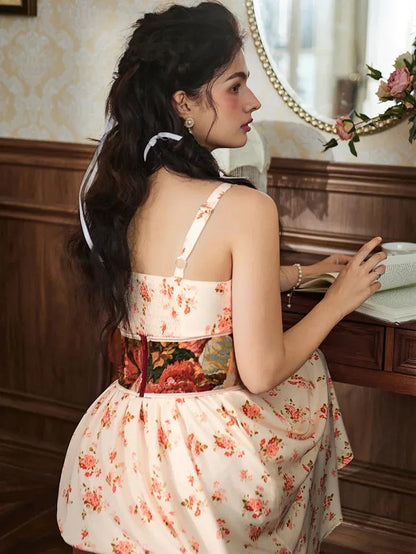 Women’s Floral Midi Corset Sundress – Summer Spring Vacation Milkmaid Style