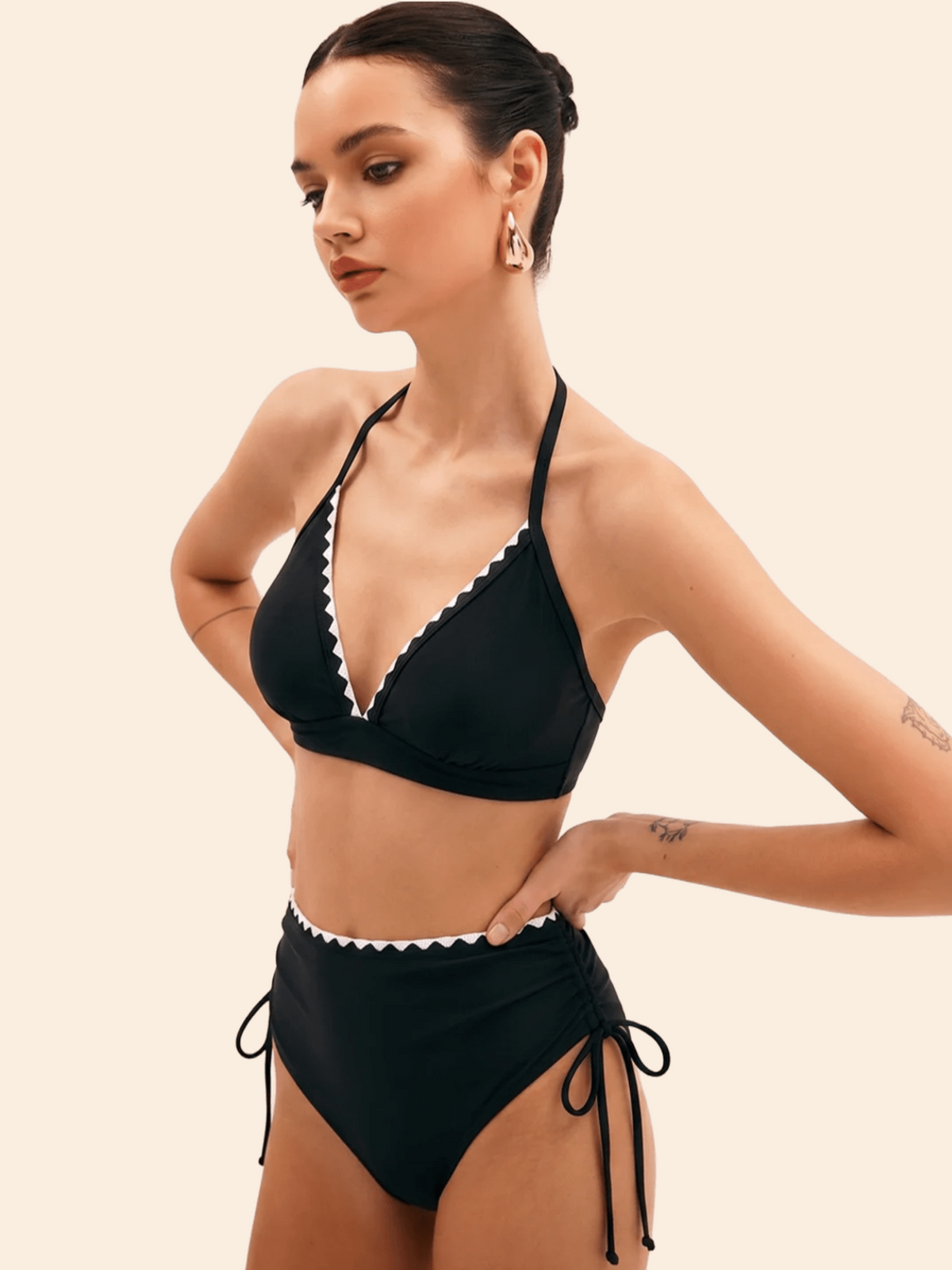 The Maris Contrast Scalloped-Trim Halter Bikini Set