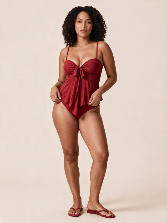 Women's Tummy Control Tankini Swimsuit Flowy Mesh Top High Waisted Bikini Set