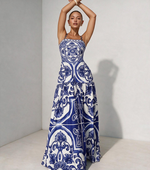 Blue Majolica Print One-Piece Swimsuit & Skirt Set – Adjustable Straps, Classic Vintage Beach Style
