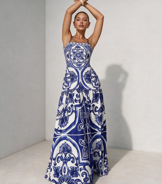 Blue Majolica Print One-Piece Swimsuit & Skirt Set – Adjustable Straps, Classic Vintage Beach Style