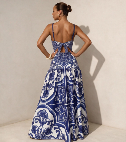 Blue Majolica Print One-Piece Swimsuit & Skirt Set – Adjustable Straps, Classic Vintage Beach Style