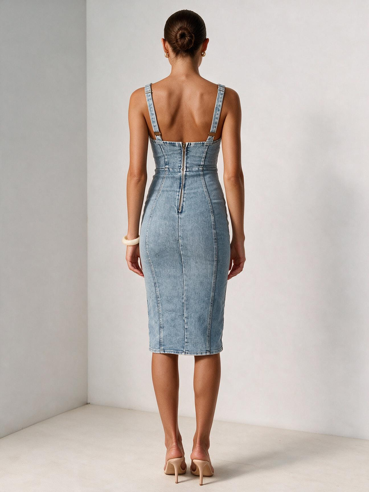 Side Slit Washed Scoop Neck Denim Dress