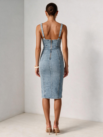 Side Slit Washed Scoop Neck Denim Dress