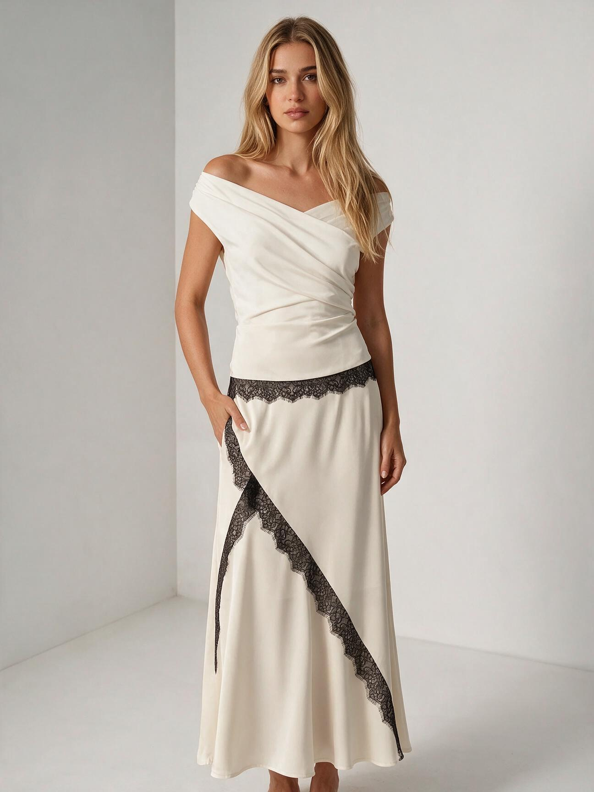 The Solene Lace-Trim Satin Top & Mermaid Skirt Set