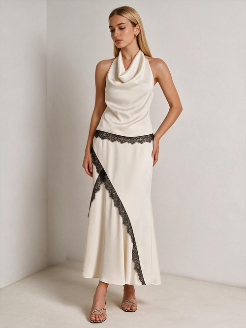 The Solene Lace-Trim Satin Top & Mermaid Skirt Set