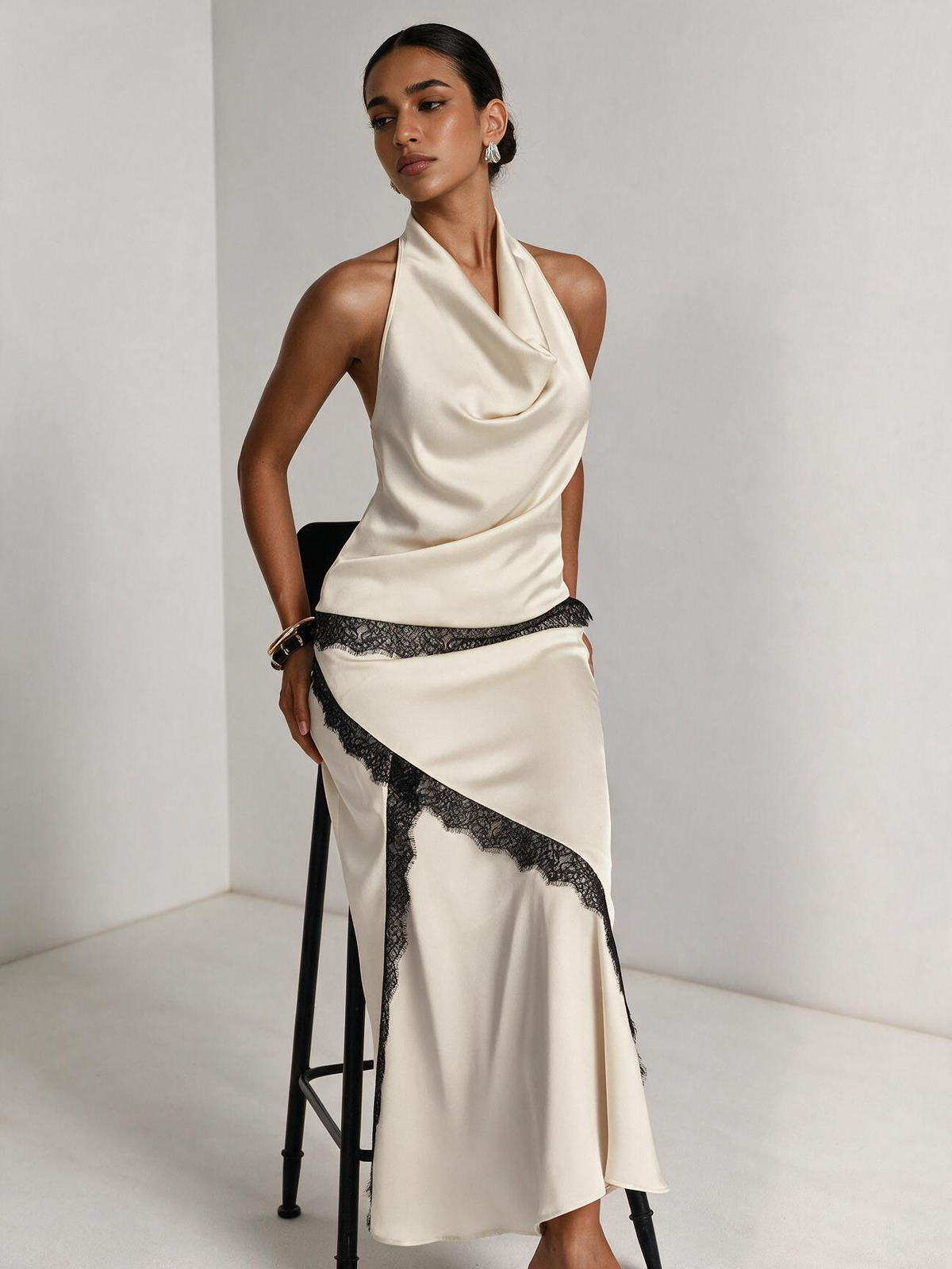 The Solene Lace-Trim Satin Top & Mermaid Skirt Set
