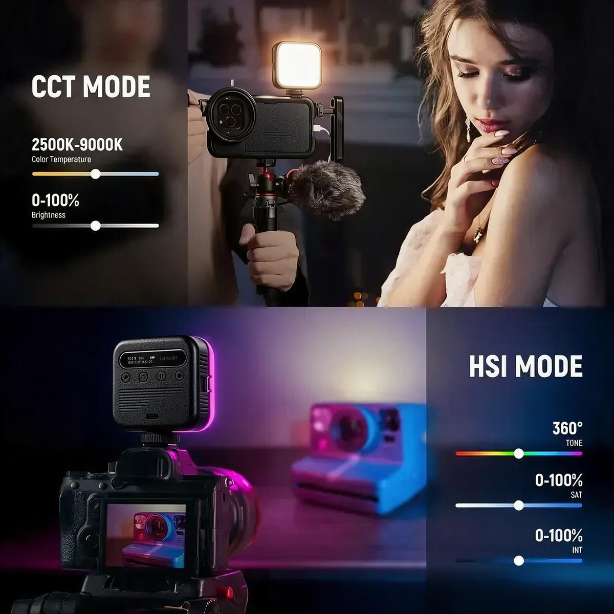 Magnetic RGB LED Camera Light – 18 Effects, CRI 96+
