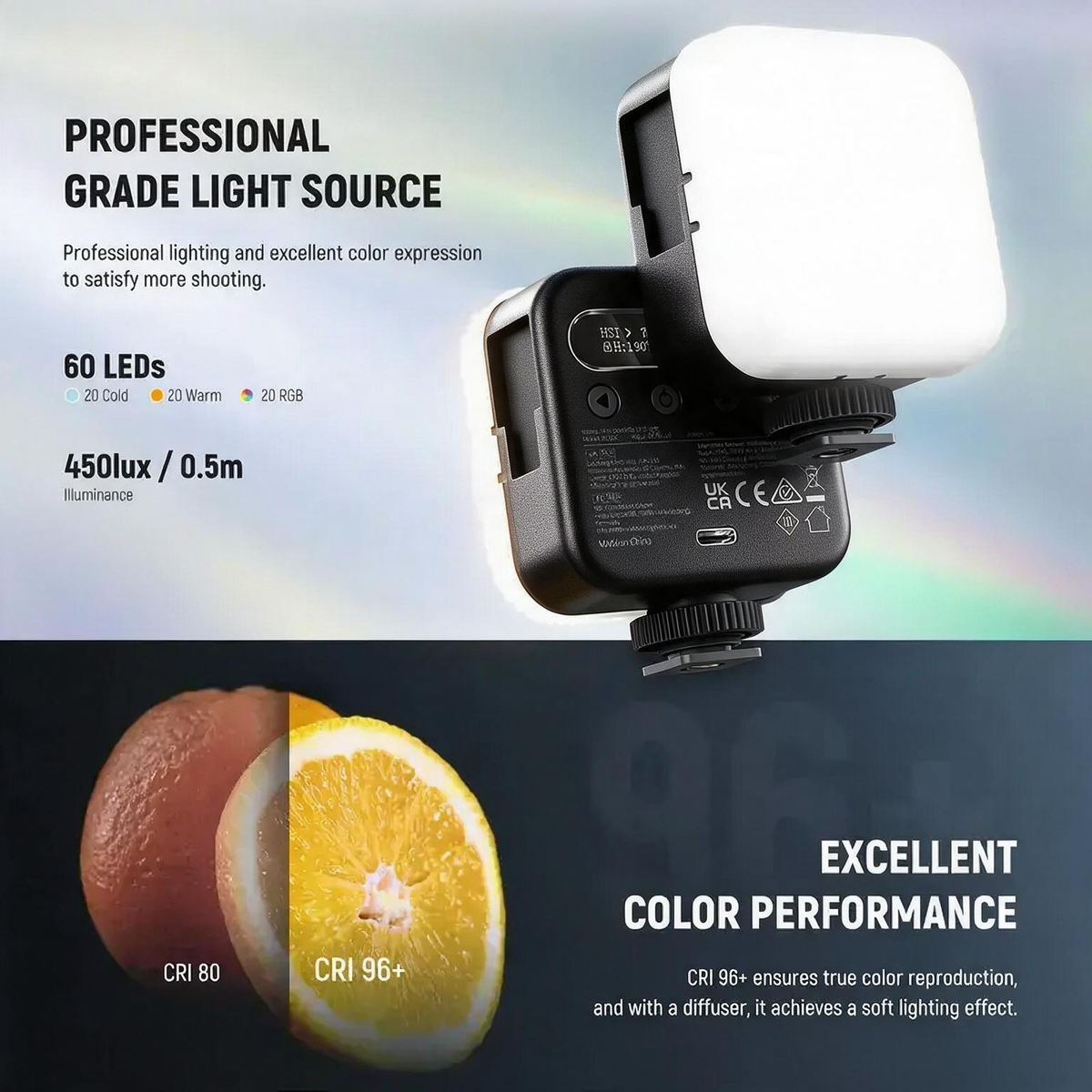 Magnetic RGB LED Camera Light – 18 Effects, CRI 96+