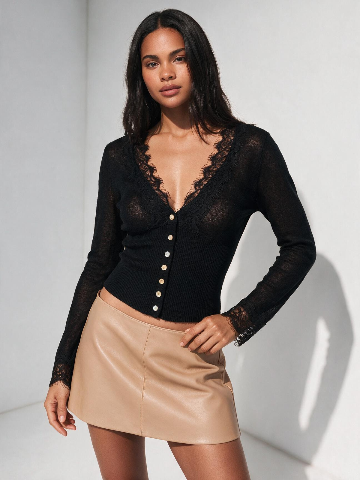 The Liora Lace-Trim V-Neck Knit Top